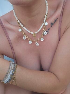 collier acier inoxydable avec breloque coquillage et nacre - look boheme estivale